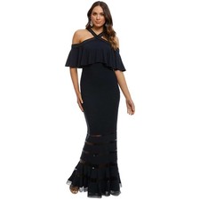 Tadashi Shoji Crystal Pintuck Jersey Halter Gown Navy Blue Mermaid Dress PS