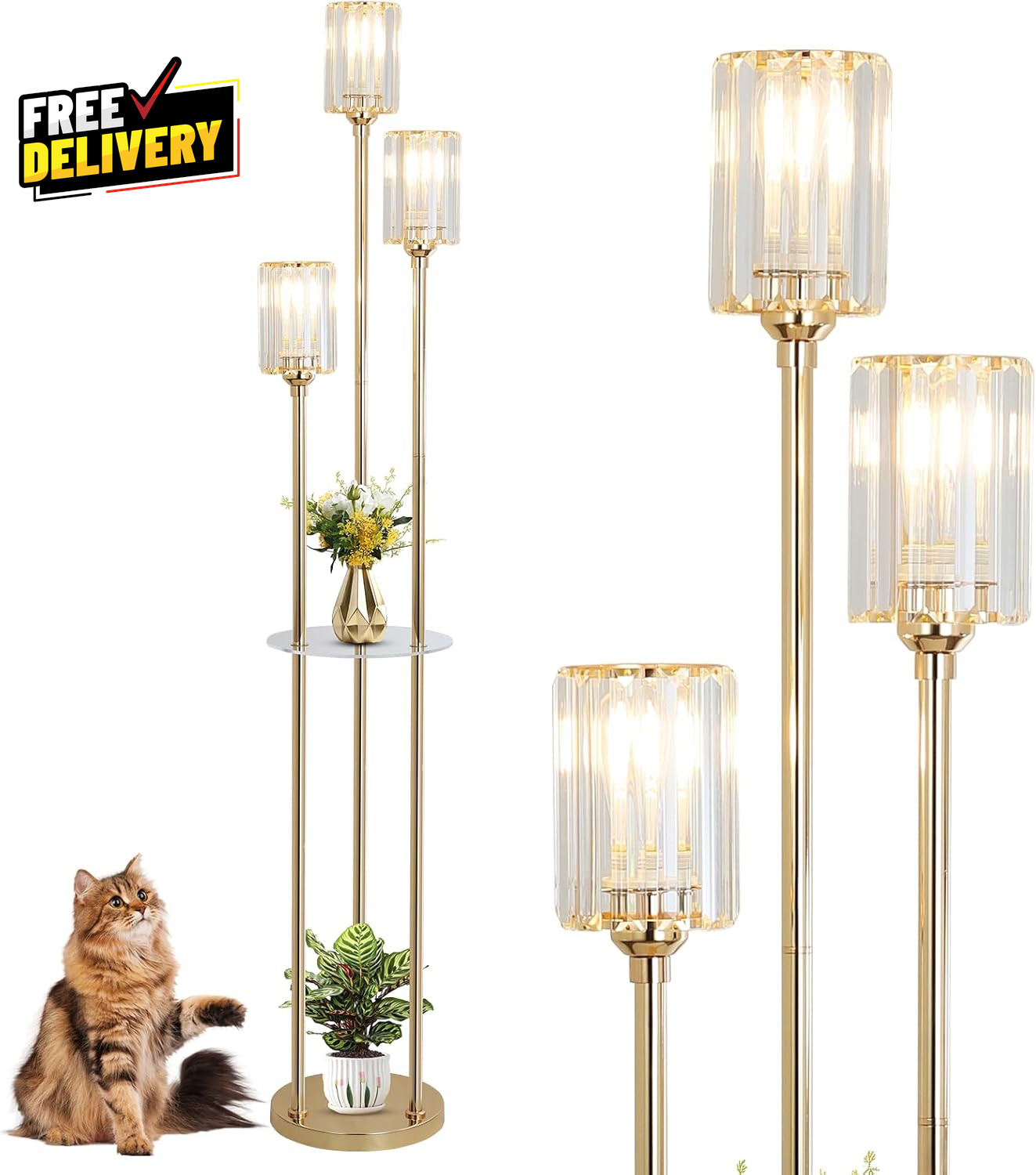 Gold Floor Lamps for Living Room Modern Floor Lamp with Shelves Crystal Standing