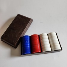Vintage Poker Chips Set in Brown Bakelite Case - Red, White and Blue Chips