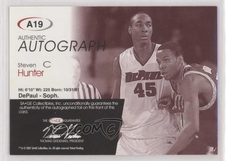 2001 Sage Auto Platinum /20 Steven Hunter #A19 Rookie Auto RC - Image 2 of 2
