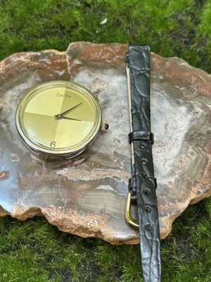 Vintage Saville Quartz Unisex Watch Gold Dial Black Leather Strap Project Runs