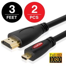 Micro HDMI to HDMI Cable 3 FT M/M for Cell Phones HTC EVO 4G - LOT of 2