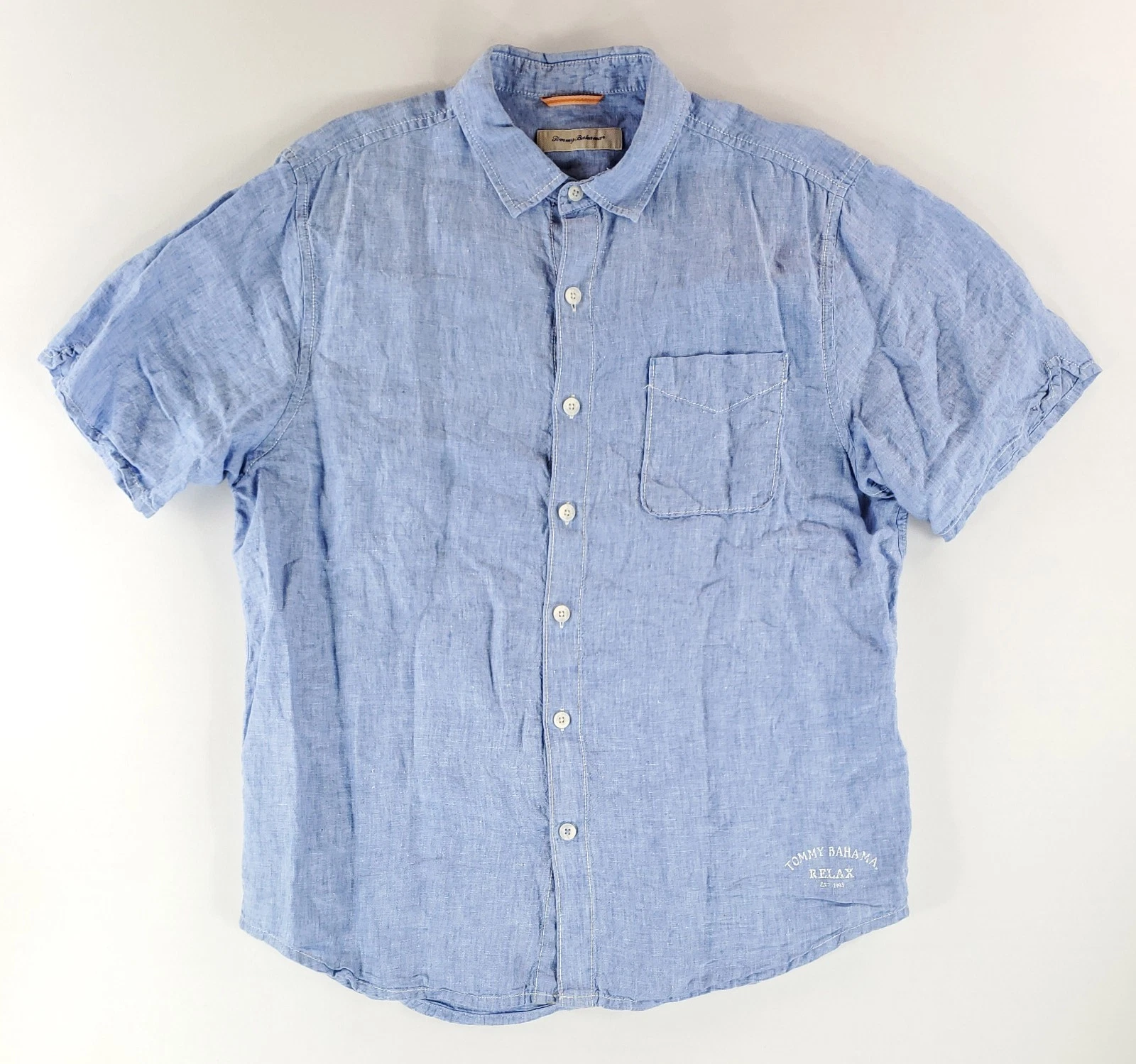 Tommy Bahama 100% Linen Button Up Shirt Short Sleeve Blue Mens L