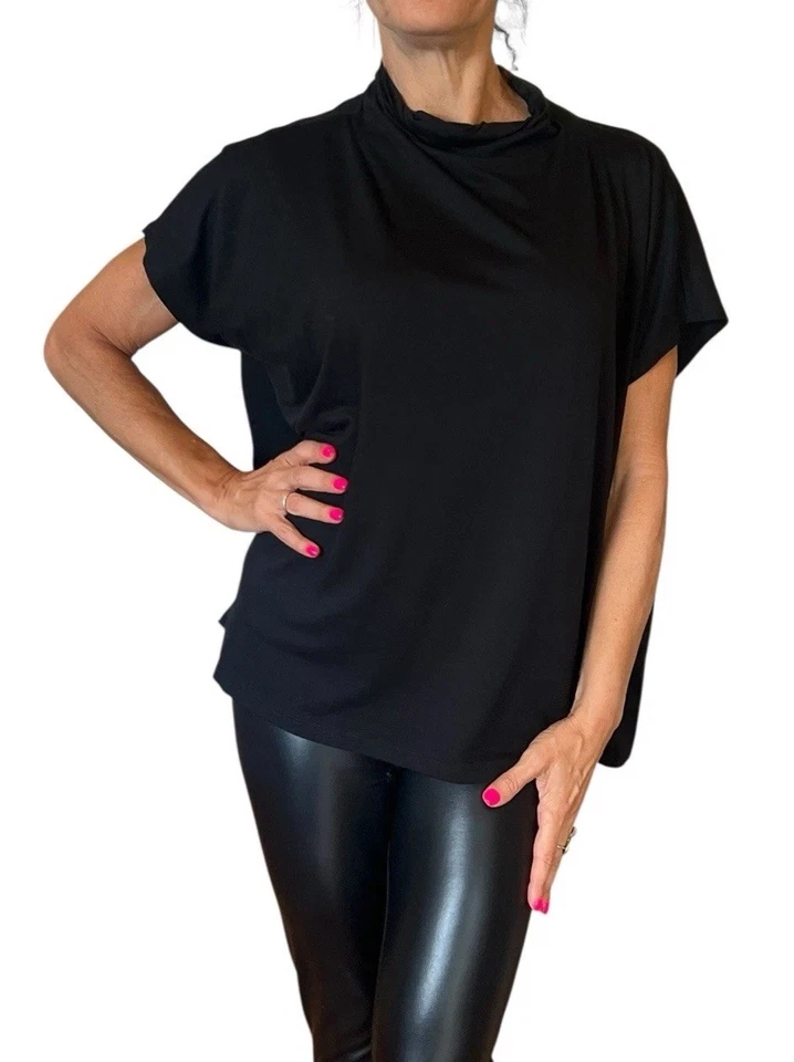 Camiseta Eileen Fisher Cuello Eudo Suave Tencel Manga Gorra Negra Cuadrada Nueva con Etiquetas L $128 Foto 3 de 4