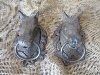 #ad 2 Large CAST IRON Horse Heads Head Ring Hitching Post Barn Holder Decor Bathroom $56.99