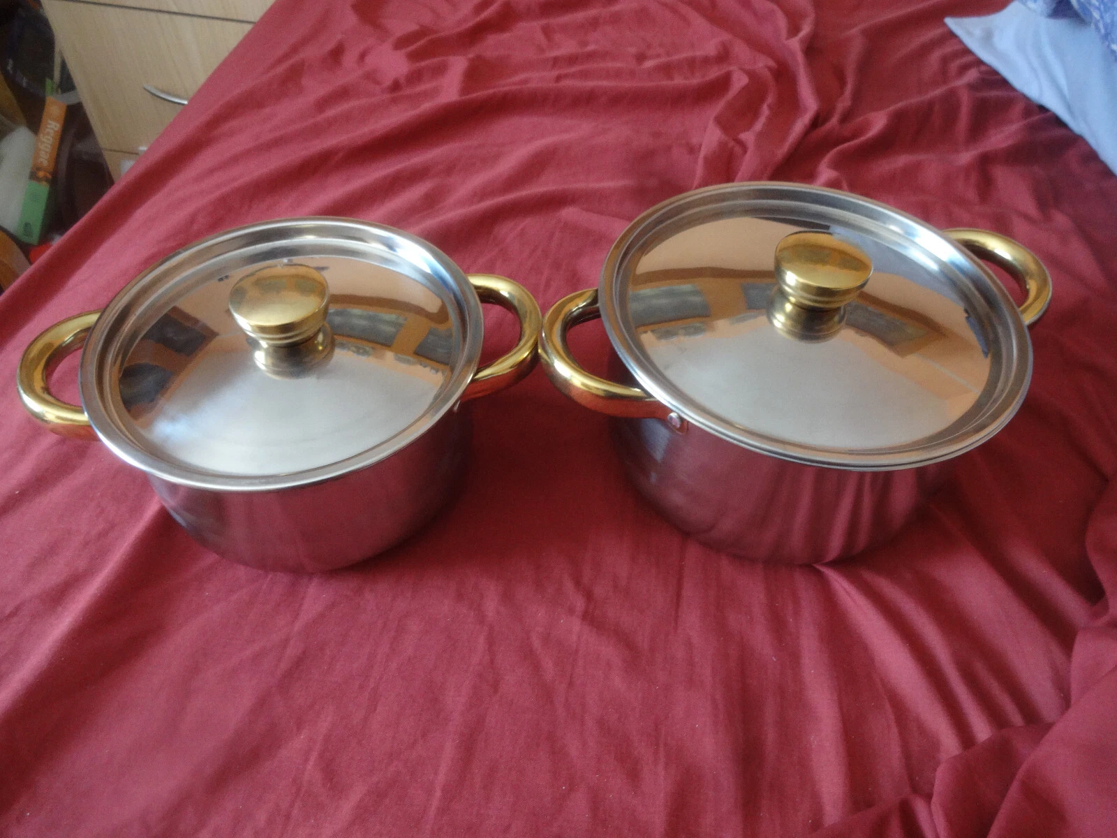 Set of two stainless steel cooking pans with handles and lids