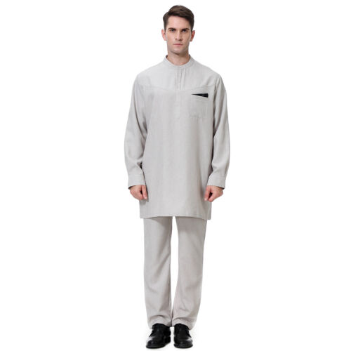 Men Thobe Jubba Two Piece Men Kaftan Top Long Pant Set Muslim Men Robe Dishdasha - Picture 33 of 42