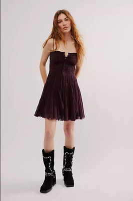 Free People FP One Lausanne Slip Brown Smocked Buttondown Sleeveless Dress XS