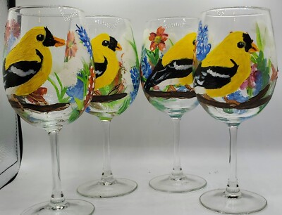 Hand Painted Gold Finch Bird Wine Glasses set of 2 | eBay
