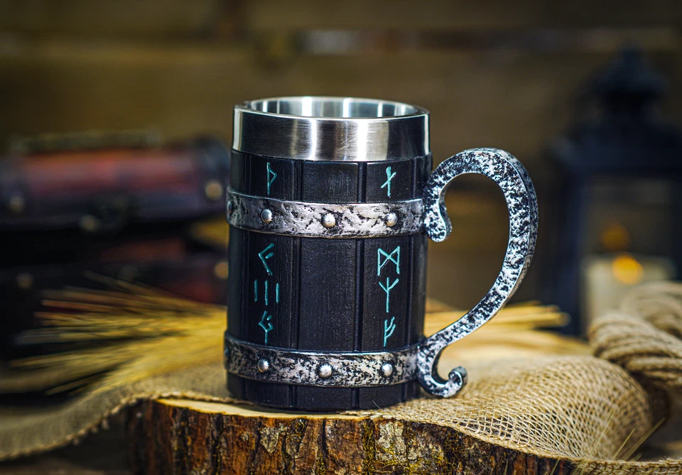 Taza Vikinga, Árbol de la Vida, Thor y Odín, Taza de Cerveza Nórdica Tankard Acero Inoxidable Foto 3 de 3