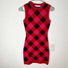 ZARA DIAMOND PATTERN KNIT DRESS S Red/Black Plaid Check Sleeveless Small