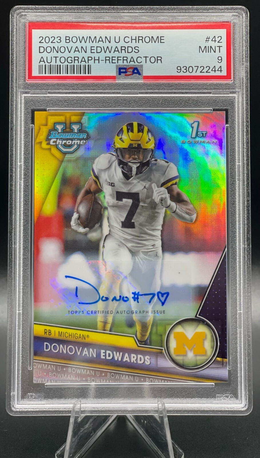 2023 Bowman U Chrome #42 Donovan Edwards Auto Refractor /499 Michigan 2023 PSA 9