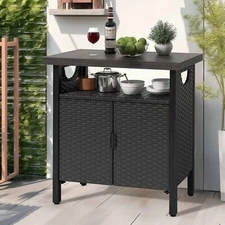 Patio Storage Cabinet Outdoor Wicker Rattan Bar Counter Table Organizer w/2Doors