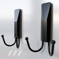 Black Double Wall Hooks for Hanging, 2 Pack Removable Adhesive Wall Hooks with 3