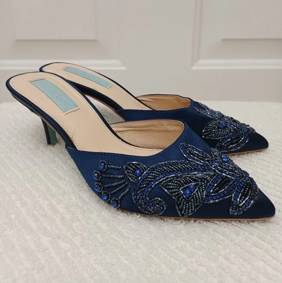 Betsey Johnson Cose sapphire blue beaded mules shoes heels sz 8 eBay