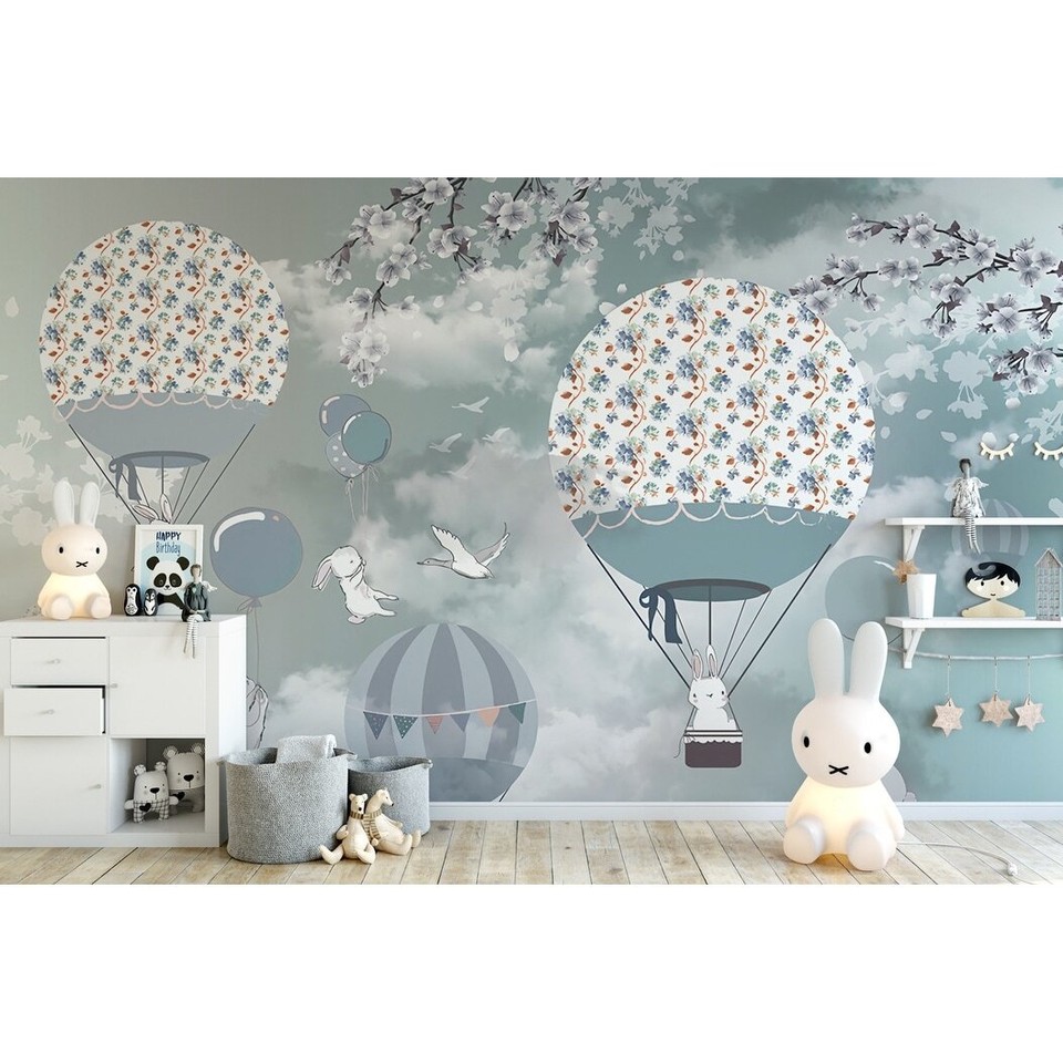 Cartoon Rabbit Hot Air Balloon Blossom Wallpaper Green H98" x W150