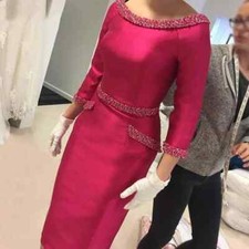 Elegant Fuchsia Sheath Tea Length Mother of the Bride Dresses 3/4 Sleeves Gowns