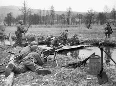 French troops build a wooden bridge across a stream in Alsace duri- Old Photo