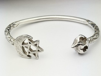 Massives Sterlingsilber Halbmond Mond & Stern 8'' Armreif Armband/verstellbar/54,1 gr