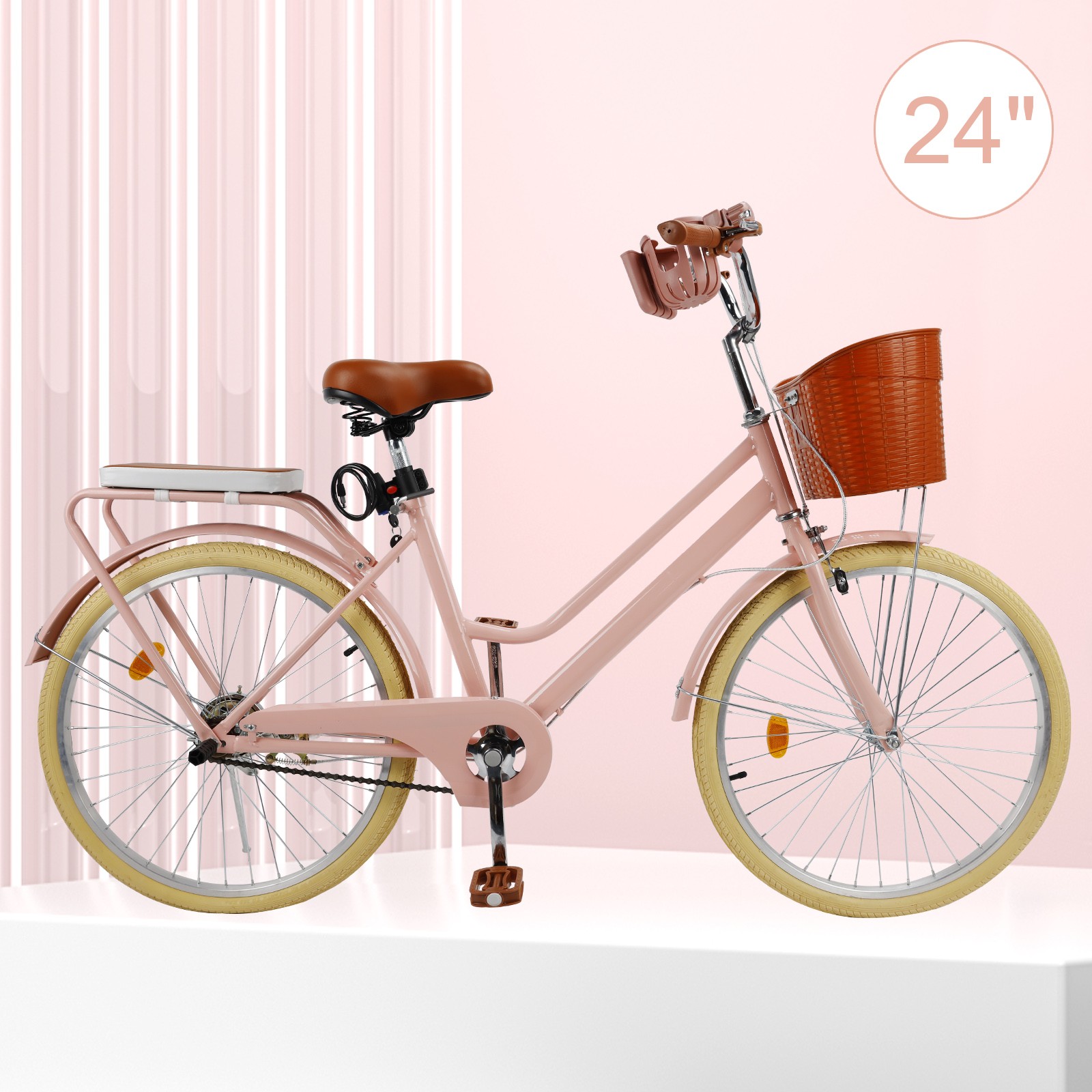 24 inch Women City Bike Lady Beach Cruiser Bicycle with Basket & Rack Pink #