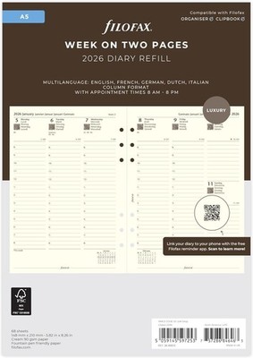 Filofax A5 Größe 2024 cremefarbene Woche auf zwei Seiten mehrsprachiges Appt Tagebuch 24-68513
