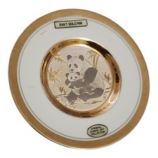 Dynasty Gallery Chokin Art Panda Plate 24KT Gold Rim Engraved Metal Japan Decor
