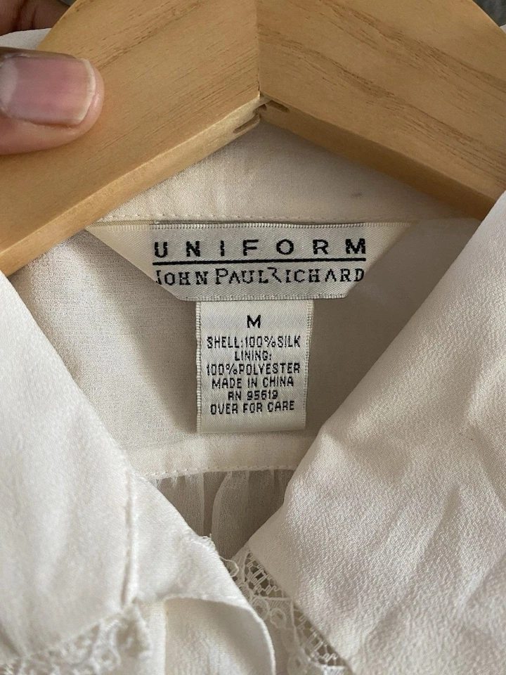 John Paul Richard 象牙色 白色丝绸荷叶边衬衫 珍珠纽扣袖口 尺寸 M — 第 4/4 张图片