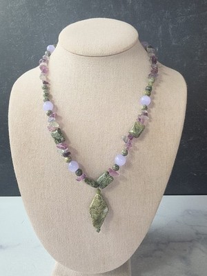 925 Sterling Silver Fluorite Serpentine Beaded Pendant Necklace Toggle Closure 