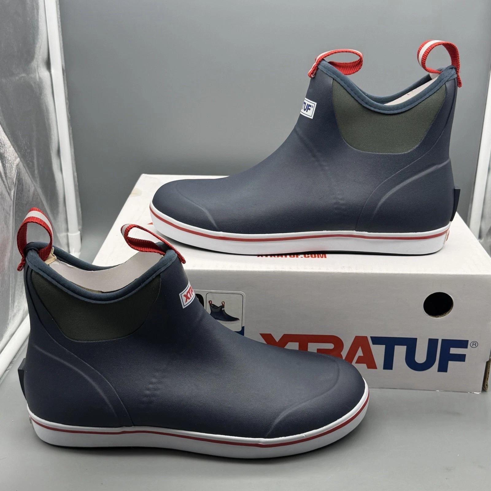 Xtratuf 6” Ankle Deck Boots Men’s 9 Waterproof Water Shoes Navy Red White NWB!