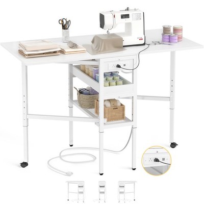 50'' Folding Sewing Table with Charging Station, Height Adjustable Craft Table