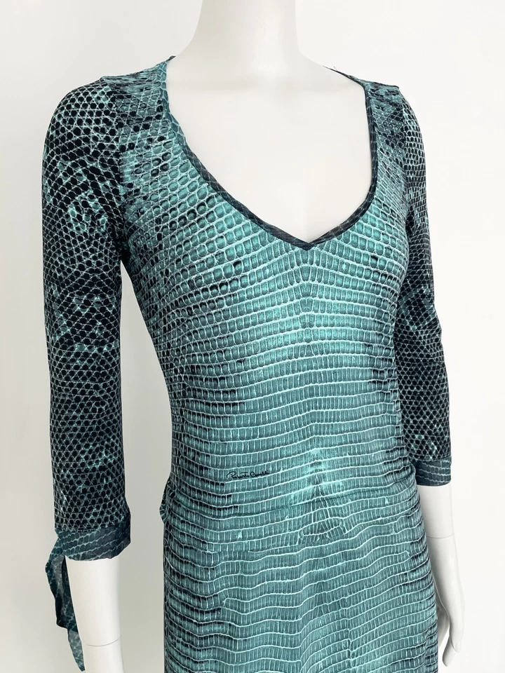 Vestido Roberto Cavalli Vintage Piel Lagarto Patrón en Azul Turquesa - Talla S Foto 3 de 4