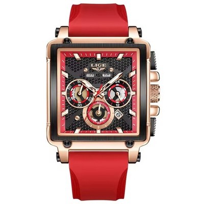 LIGE Men Rectangle Watch Date Quartz Watch Red Silicone Wristwatch Males Watches
