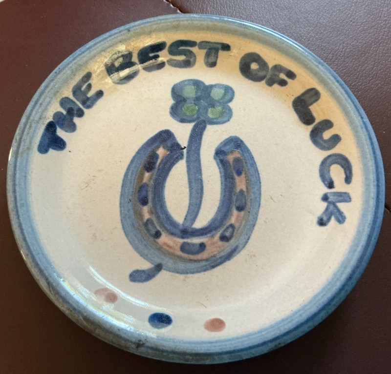 M A Hadley Pottery Coaster Horseshoe Dish 4" 'The Best of Luck