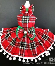 DOG HARNESS DRESS W/ MATCHING HAIR BOW CHRISTMAS PLAID FREE SHIPPING