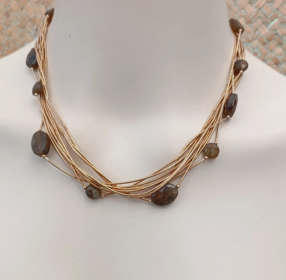 12K GF мульти бусы ожерелье золото заполненное лабрадорит камень винтажный слоистая жидкость - Изображение 2 из 4