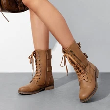 Women's Mid Calf Boots Side Zipper Faux Leather Combat Boots Riding Boots