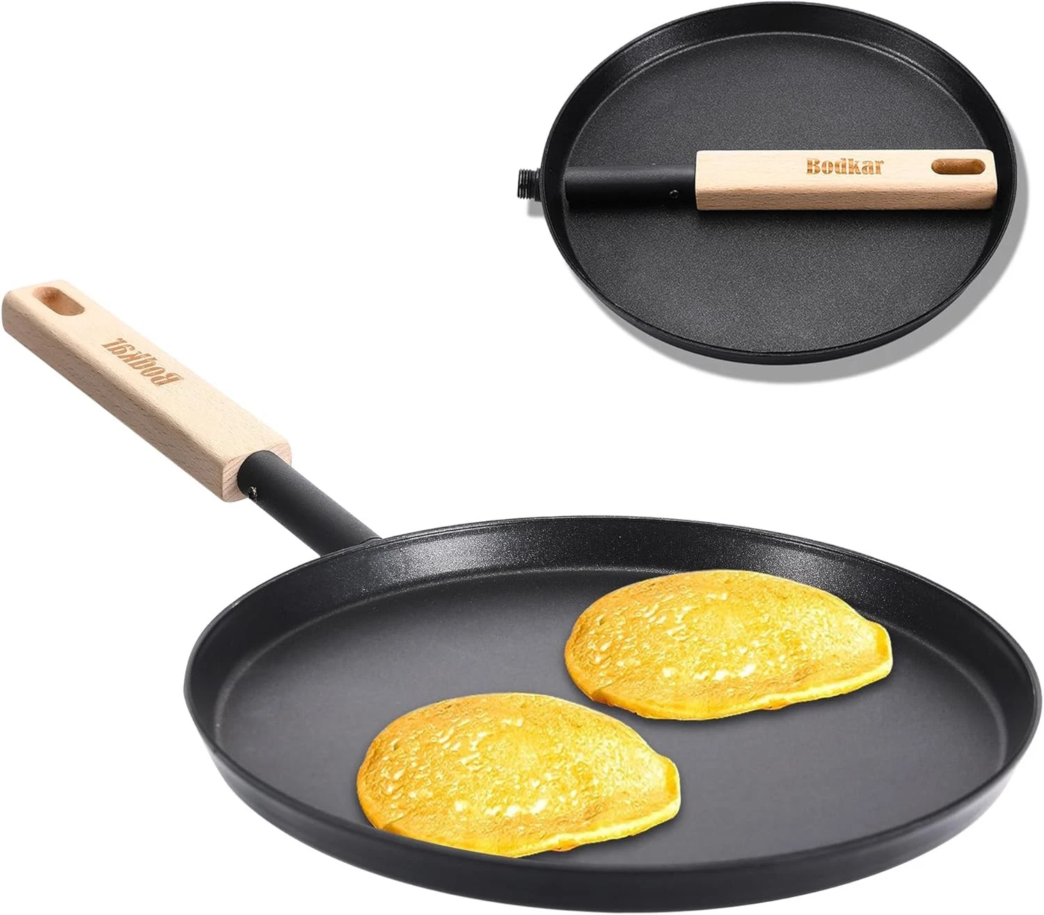 8" Frying Pan Skillet Flat Griddle Lightweight with Wooden Handle Camping