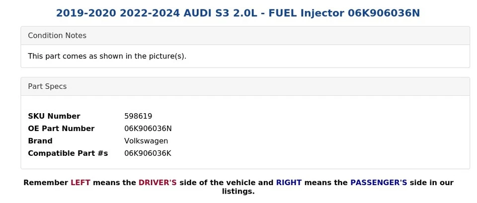 AUDI S3 2019-2020 2022-2024 2,0 L - Inyector de combustible 06K906036N Foto 3 de 4