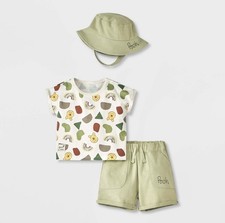 Pooh Print Baby Tee, Shorts,  Hat Set In Sage Green Size 0-3 Months