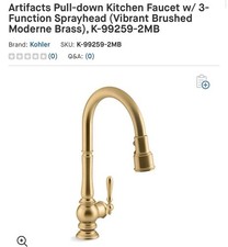Kohler K-99259-2MB Artifacts Pull-down Kitchen Faucet w/ 3-Function Sprayhead