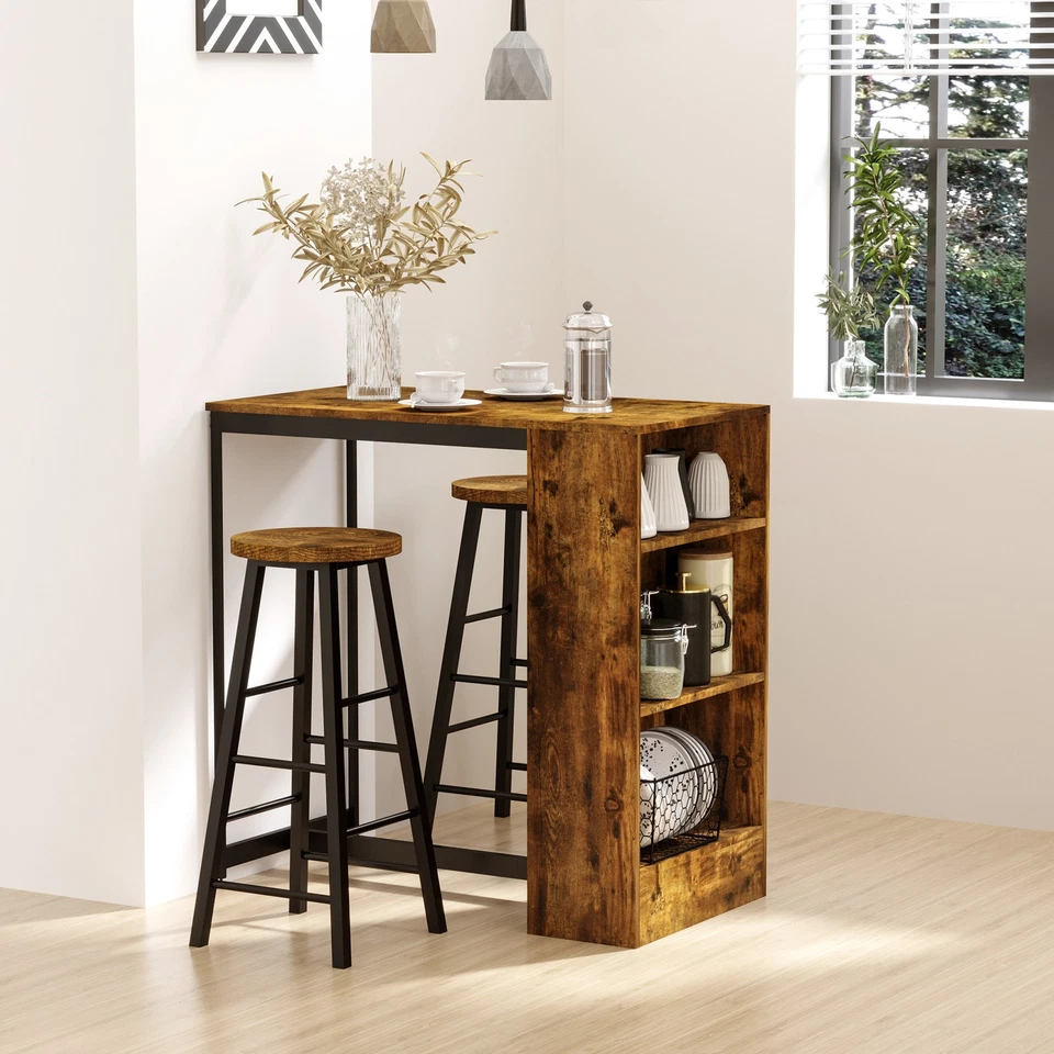 HOMCOM 3 Piece Bar Table Set, Bar Height Table with 2 Stools, Storage Shelf - Image 2 of 4