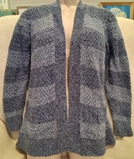 NEW L.L.Bean Womens M Cotton Blue Stripe Open Cardigan Basketweave Knit Sweater