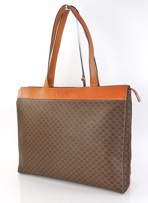 Echte CELINE braune Macadam PVC Canvas und Leder Beuteltasche Schultertasche ...