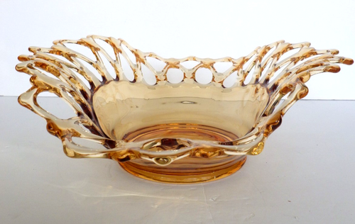 VTG Westmoreland Doric Amber Glass Open Lace Reticulated Oval Centerpiece Bowl - Picture 11 of 13