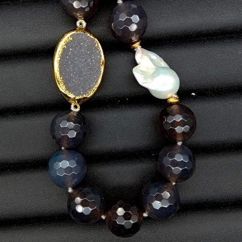 "Collar de perlas drusas conector druso gris ágata natural de 18 mm redondo gris ágata ágata 21" - Imagen 8 de 9