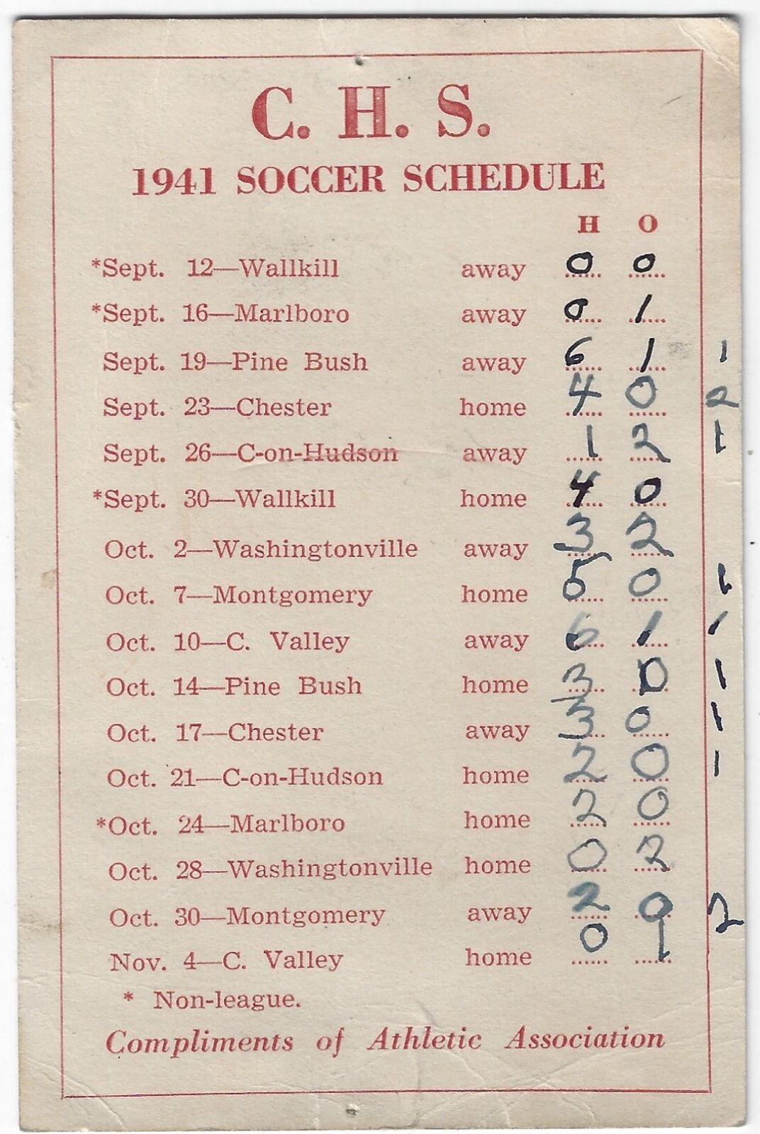 CHS High School Soccer Schedule Card 1941 Vintage Wallkill Chester Pine Bush NY eBay