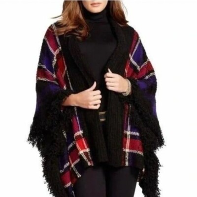 Lauren Ralph Lauren Womens Wool Blend Plaid Fringe Poncho Cape Size L/XL 