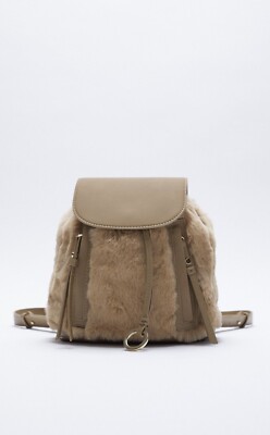 Zara Taupe Grey Vegan Faux Fur Furry Backpack Bag New # H43 