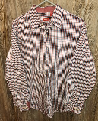 Izod Men Long Sleeve Button Dress Shirt Size Large USA Red, White, Blue Checker