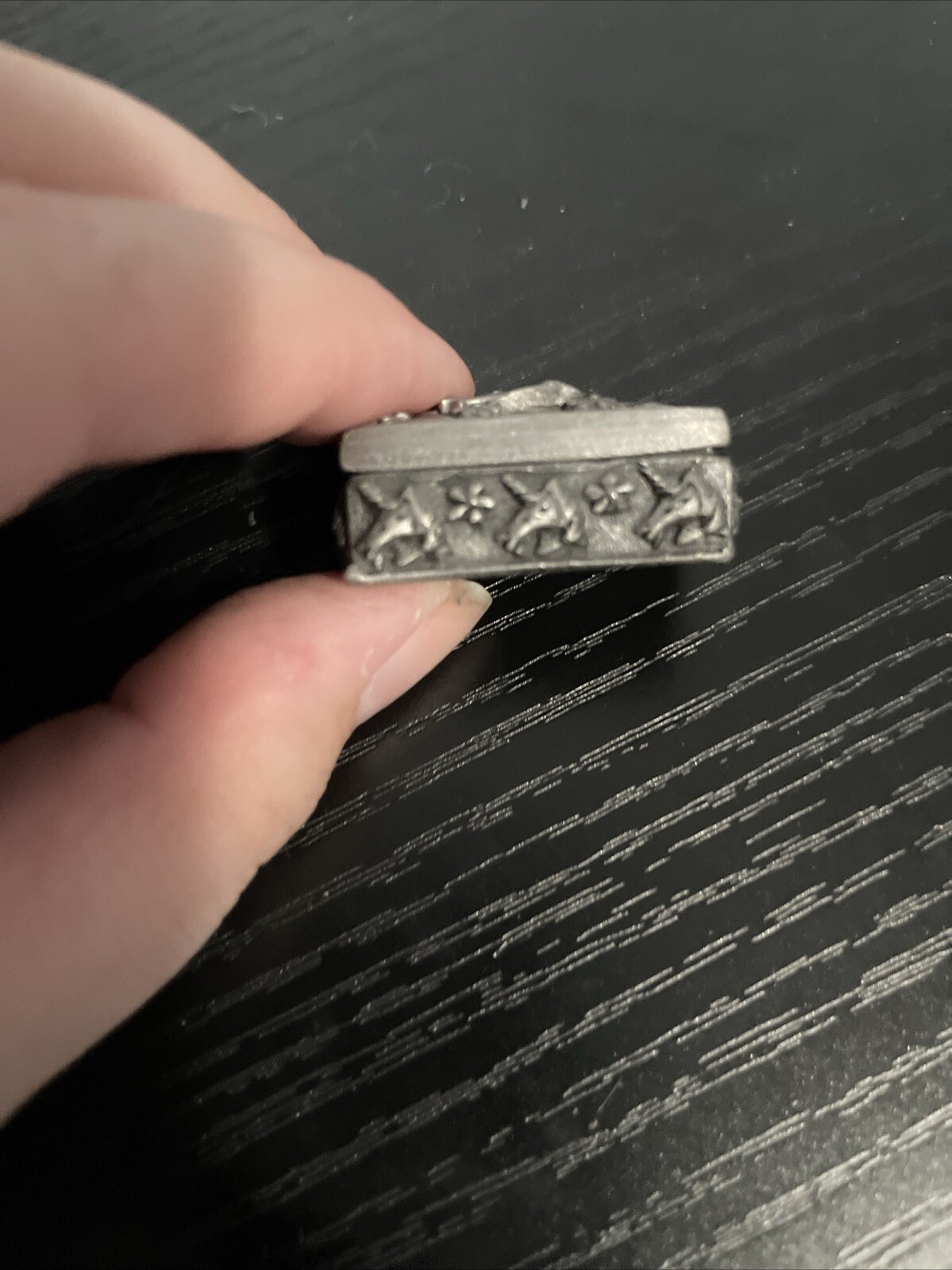 Vtg Torino Pewter Trinket Box Pin Set Unicorns Tiny